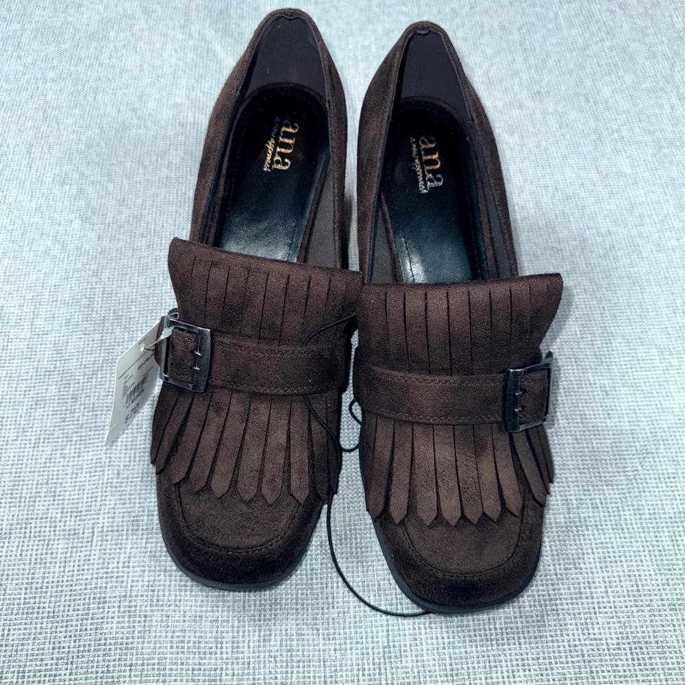 ANA Faxon Chocolate Brown Faux Suede Kiltie Fringe Block Heel Loafers Womens 10M